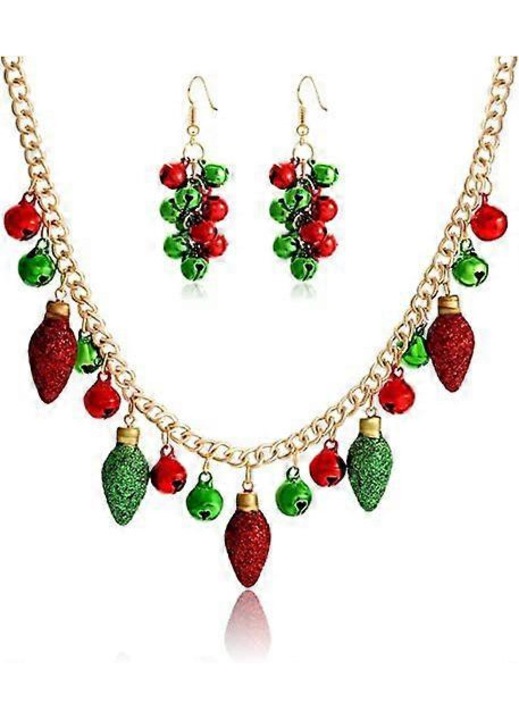 Colier festiv cu clopotei si luminite multicolore, set cu cercei, bijuterii de Craciun