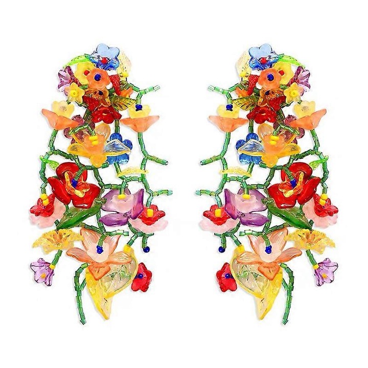 Cercei din acril multicolori, design unic, cu flori si frunze, set de bijuterii pentru femei