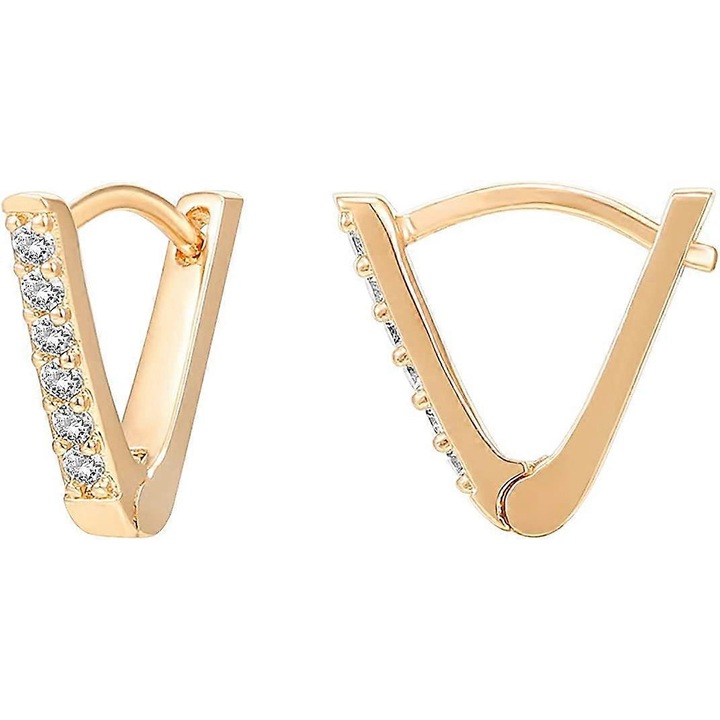 Cercei V-shaped, aur 14K placat, zirconii cubice, , 925 argint sterling