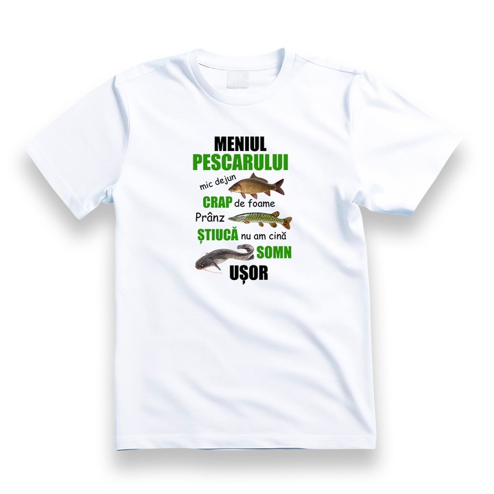Tricou personalizat barbati, Meniul Pescarului, bumbac, alb, S
