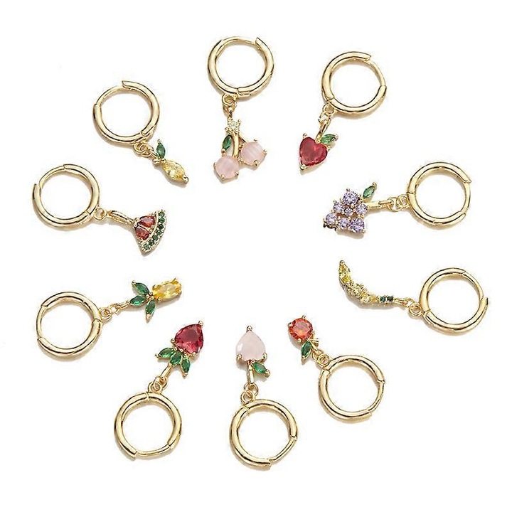 Cercei din zirconiu colorat, set de 5 perechi, stil trendy, forma picatura, inox, pentru femei