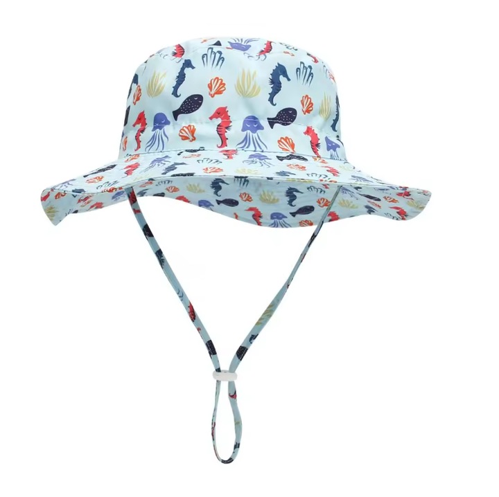 Palarie de Soare Copii Tip Bucket, Uscare rapida, Protectie UV UPF50+, Snur Reglabil, Acoperire Gat si Urechi, Primvara / Vara, Marime M- 50-54cm, Varsta aprox. 3–8 Ani, Animale Marine