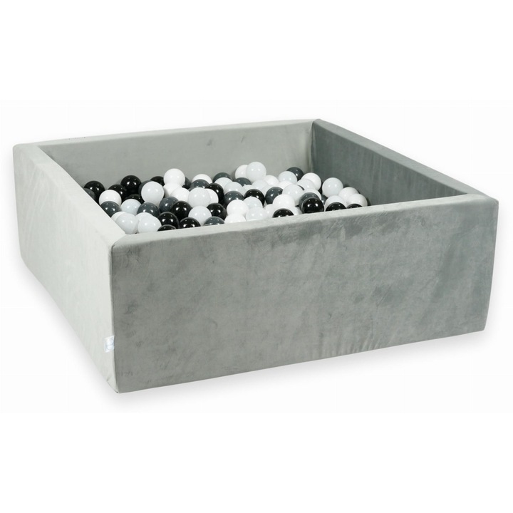 Bazin de joaca cu bile 600 bucati, mimii, 110x110x40 cm, gri Velvet, set cu bile albe, grafit, negre, albe tricotate
