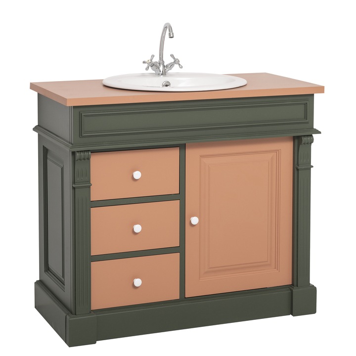 Dulap baie ornamentat pentru lavoar cu 3 sertare si 1 usa, lavoarul este inclus in pret - Olive Green/Beige Red, 100% lemn masiv, 103x91x51 cm