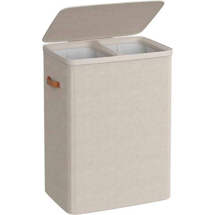 SONGMICS Cos rufe cu 2 compartimente si capac, saci detasabili cu maner, 170 litri, 56x40x75 cm, bej