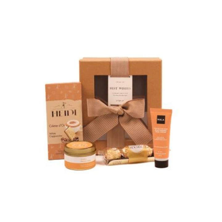 Cadou delicat Extravaganza cu ciocolata premium, crema de maini si bomboane fine, lumanare parfumata in cutie eleganta cu fereastra