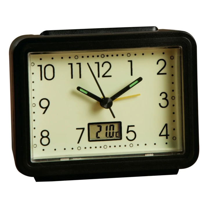 Ceas desteptător Westfalia cu afișaj de temperatură, dreptunghiular, luminat, ABS 11x8.6x5 cm