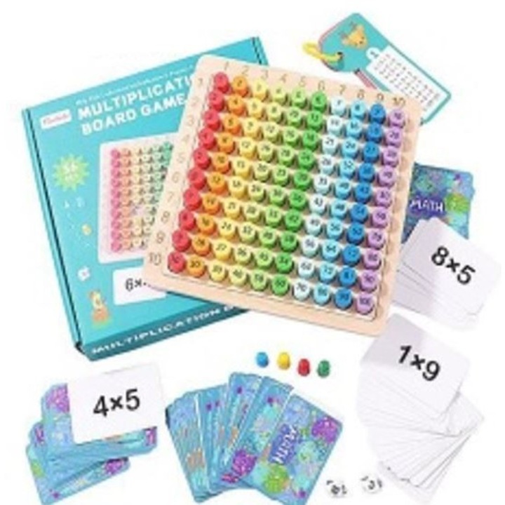 Образователна игра, комплект дървена таблица за умножение, 22,5x22,5x0,7 см, 3+, числови части, карти с отговори