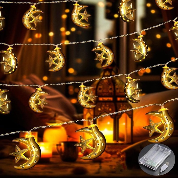 Instalație lumini de Crăciun, Lecone, stea, lună, 4m, 20 LED, alb cald, alimentare USB/baterii