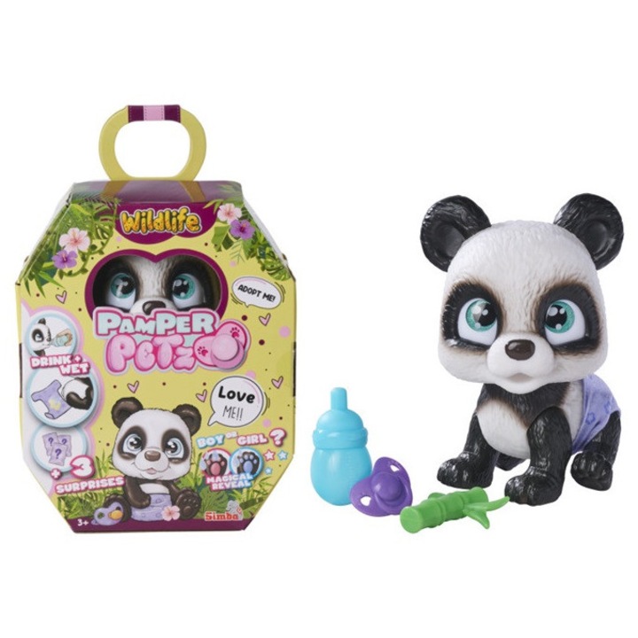 Плюшена играчка Panda Pamper Petz, 15 см, функция за пиене и уриниране, 3 изненади, транспортна кутия