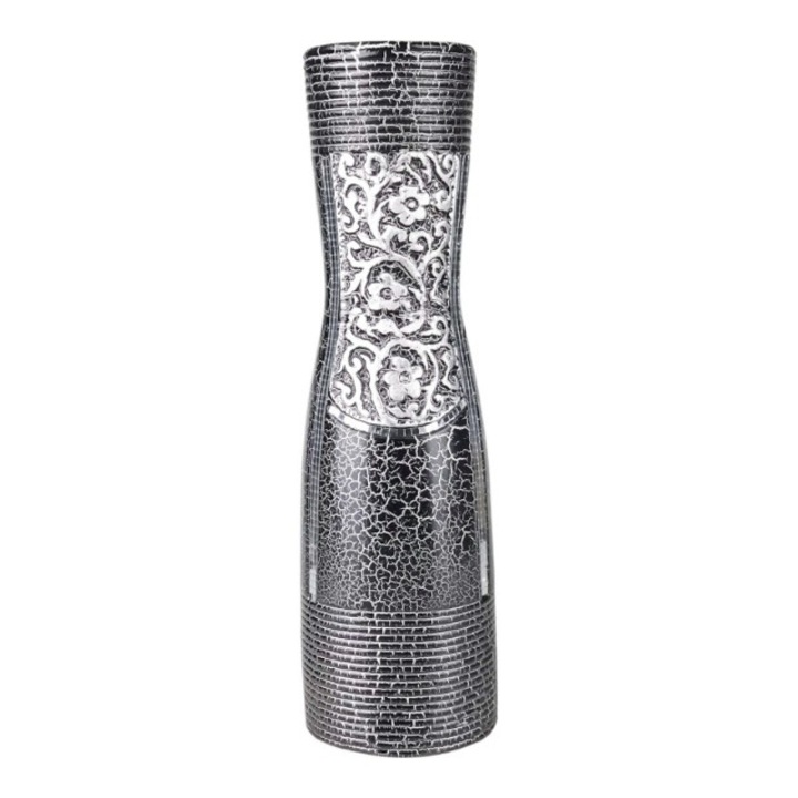 Vaza din ceramica, cu flori si model, gri deschis, 15x51 cm, M3