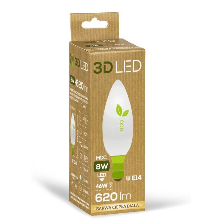 Set becuri 3D LED E-14 8W, Dan-mar, cald, 10 bucati