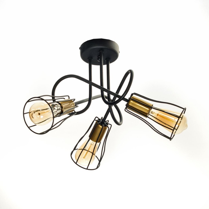 Lustra INES 3, design industrial, negru cu auriu, 43x33cm, 3 surse de iluminat