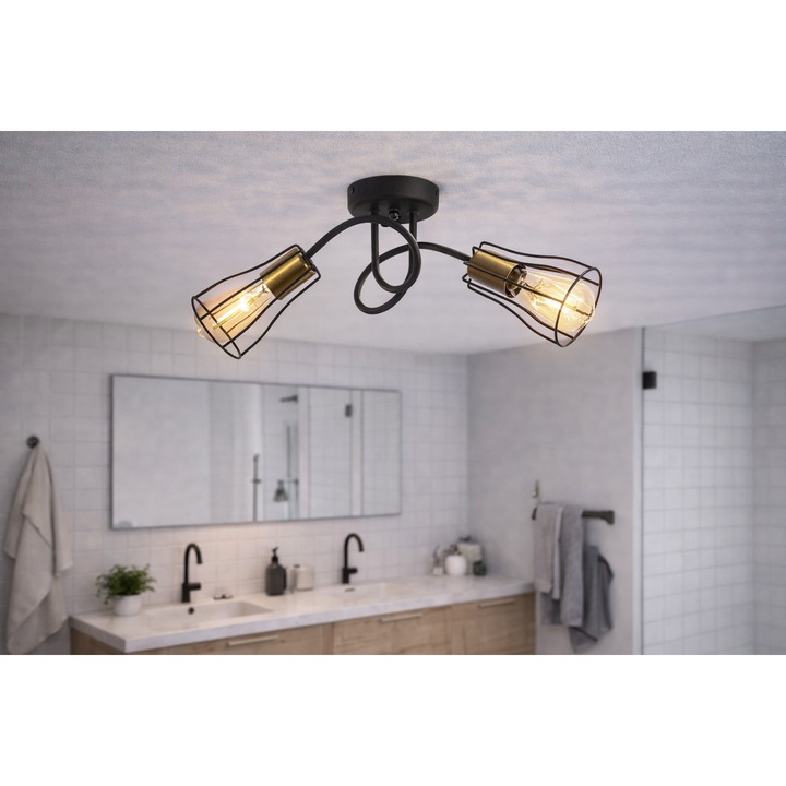 Lampa INES 2, stil loft, 2 puncte de iluminat, negru/auriu, 49x27cm