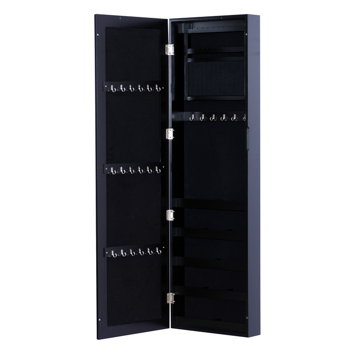 Dulap bijuterii pentru perete Homcom, oglindă, lemn MDF, negru, 37x9.5x121cm