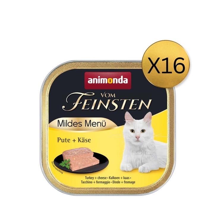 Мокра храна за котки, Animonda, Vom Feinsten Mildes Menu, Пуйка + Сирене, комплект 16 броя x 100гр