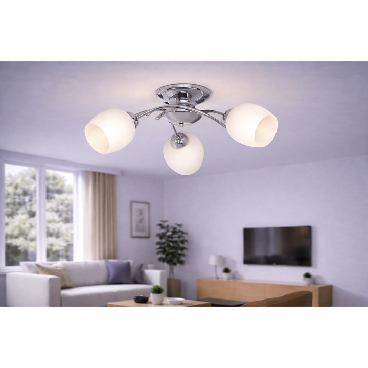 Lustra plafoniera ELLA 3 crom, 3x E27, 55x23 cm, abajururi din sticla alba opal, metal, stil modern clasic, Euro-Lamp