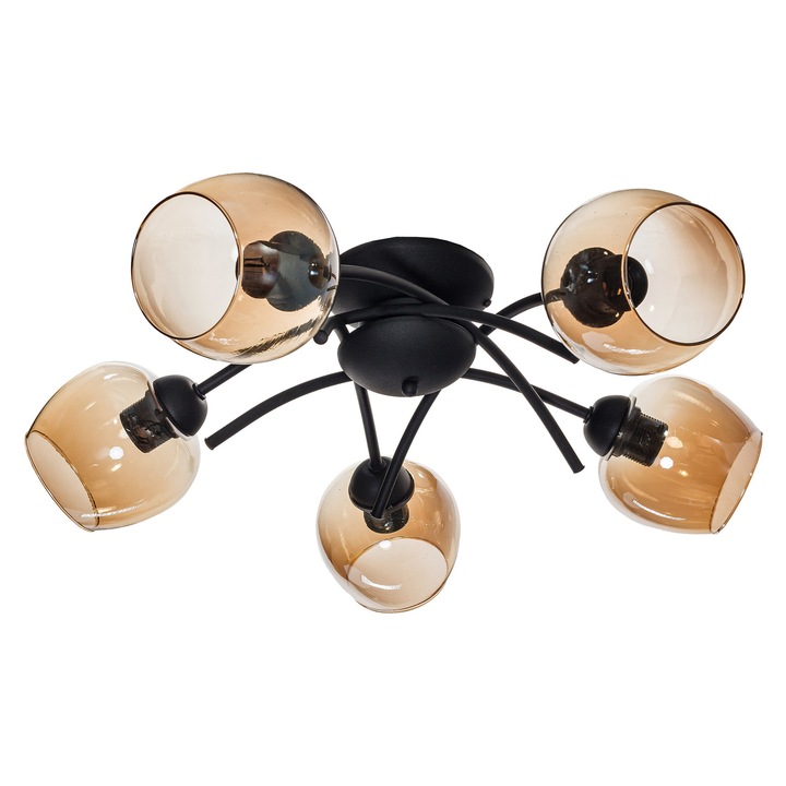 Lustru ELLA 5, 5 surse de iluminat, negru, sticla miere, 55x23cm
