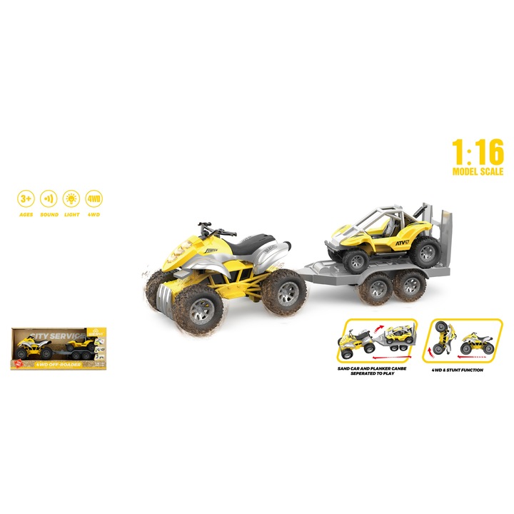 Rendőrségi quad + autó szett 1:16, méretek 44x12x11cm, 16,4x11x11cm, 13,5x8x7,5cm