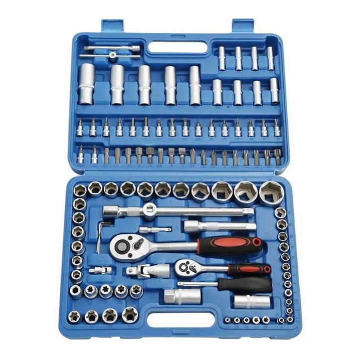 Trusa de scule profesională NEXTLY 108 piese, albastru, cutie transport, tubulare 1/4" și 1/2"