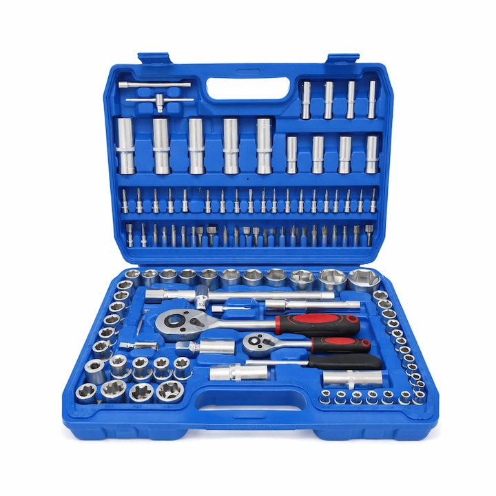 Set trusă chei tubulare 108 piese, clichet reversibil 72 dinți, otel durabil Cr-V, pentru auto și mecanică, cutie depozitare inclusă