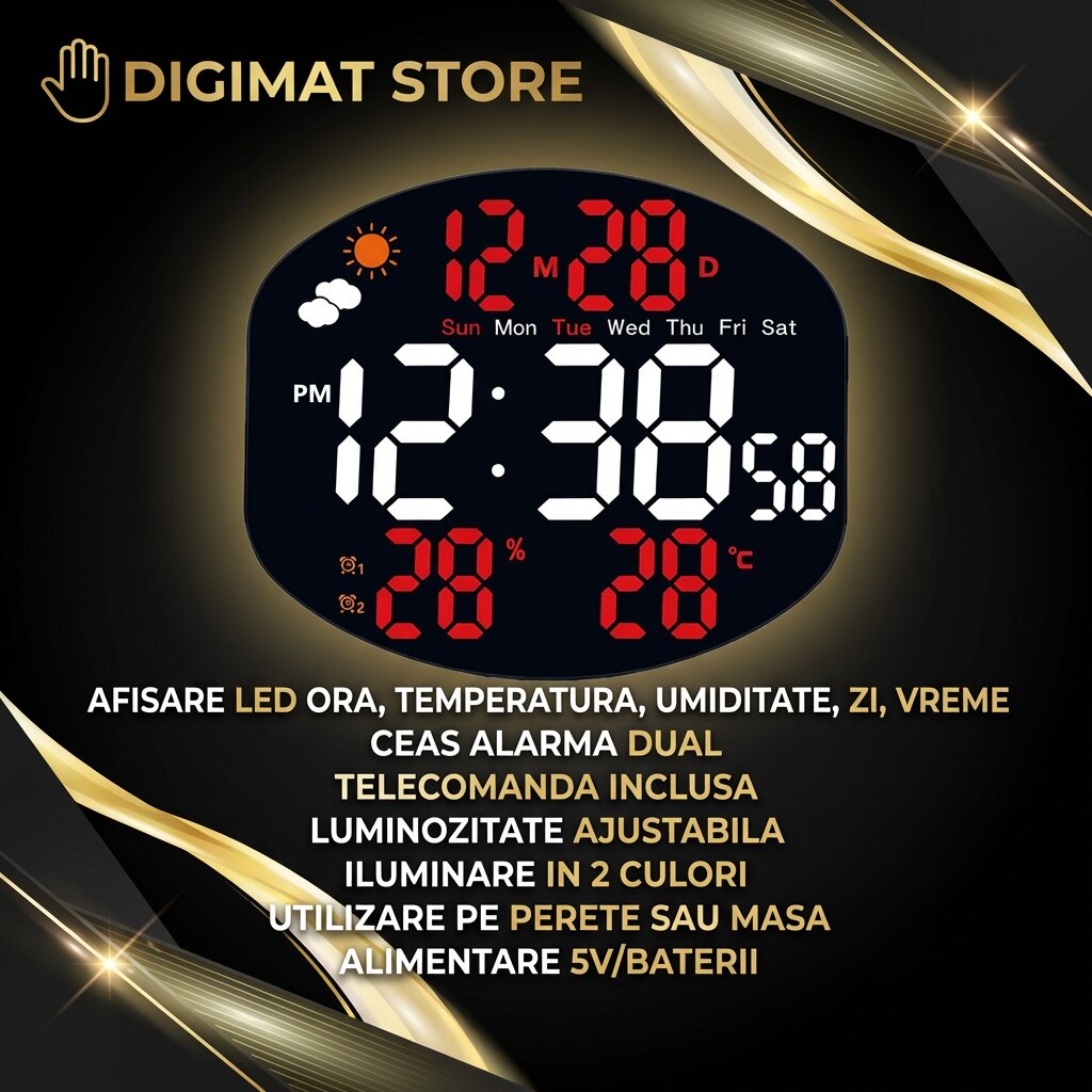 Ceas Timer Ceas Premium Digital LED DIGIMAT®, Perete/Masa, Afisaj Ora, Data ...