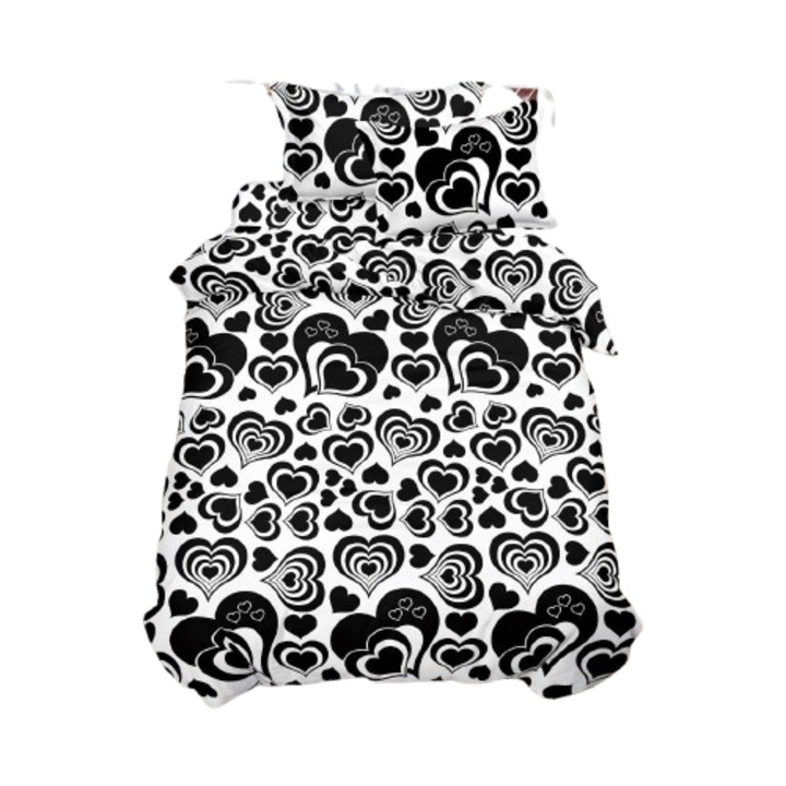 Ágynemű, 3D, 4 részes, gumis nélküli, 1 személyes 155x200 cm, rajzolt szívecskés mintával