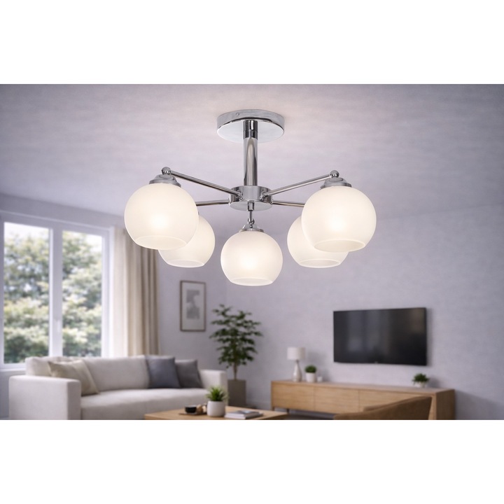 Lustra plafoniera UNO 5 crom, 5x E27, 56x37 cm, abajururi din sticla alba opal, metal, stil modern clasic, Euro-Lamp