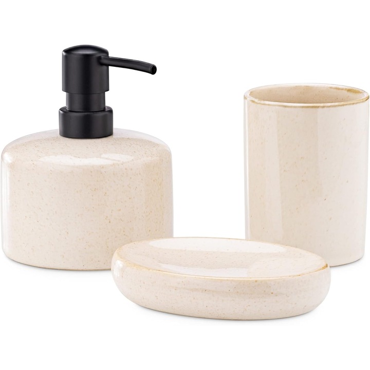 Set accesorii de baie Navaris, 3 piese, dispenser sapun lichid 400 ml, suport periute dinti si sapuniera, din ceramica, design piatra, elegant, Crem