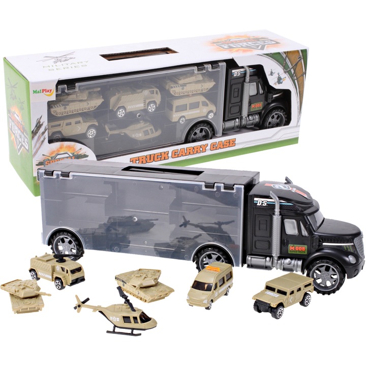 Autókészlet, teherautó, 6 katonai jármű, 40x8,5x12cm, többszínű