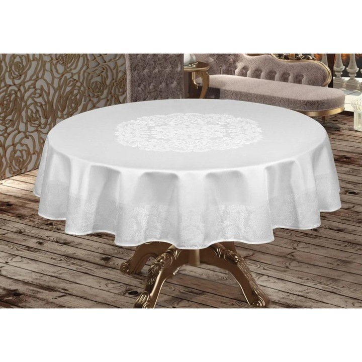 Fata de masa rotunda impermeabila – model Jacquard, diametru 160 cm, Alb