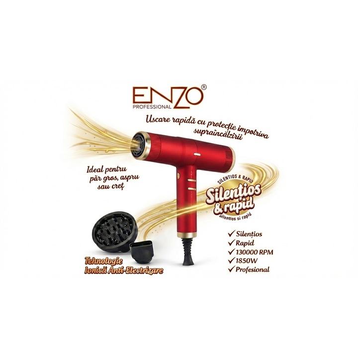 ENZO EN-1801 Professzionális Hajszárító, BLDC Motor 130.000 RPM, 1845W, Ionos, Nagy Teljesítmény, Ionos Technológia, Intenzív Légáramlás, Rendkívül Csendes, 360°-ban Forgó Kábel, 220-240V, Prémium Design