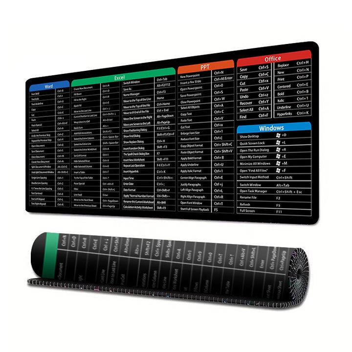 Mousepad XXL 80*30 cm pentru Birou & Gaming –Design Tehnic Tip Tabel cu Shortcut-uri Tastatura, Antiderapant, Negru
