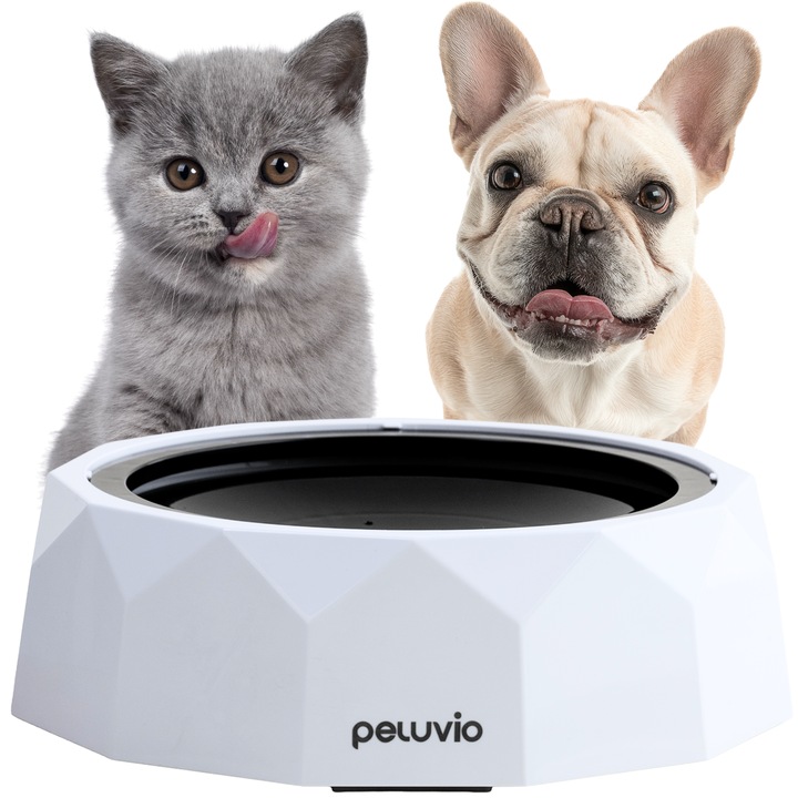 Bol cu ​​apa pentru animale de companie, pisici, caini, cu cadru plutitor pentru a preveni stropirea, PELUVIO SURFA, filtru de apa, bol cu ​​apa pentru caini pentru a preveni varsarea, 1 l, Alb