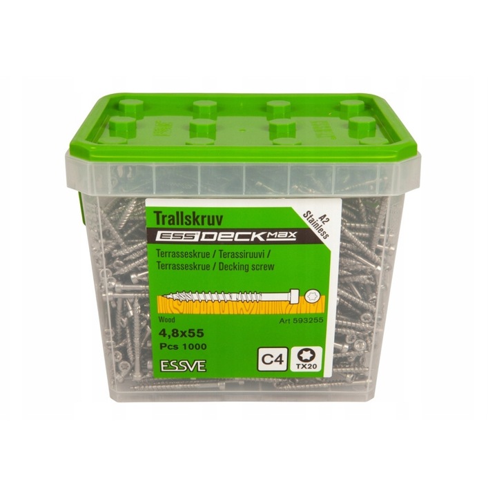 Suruburi pentru terase Essdeck Max 4,8x55mm, inox A2, set 1000 bucati, argintii
