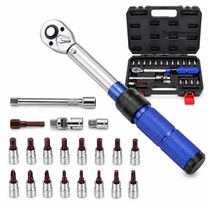 Set cheie dinamometrica ARATAN 1/4 inch, 2-24 Nm, clichet reversibil 90 dinti, eliberare rapida, 16 capete tubulare si accesorii, 21 piese, otel Cr-V, pentru biciclete