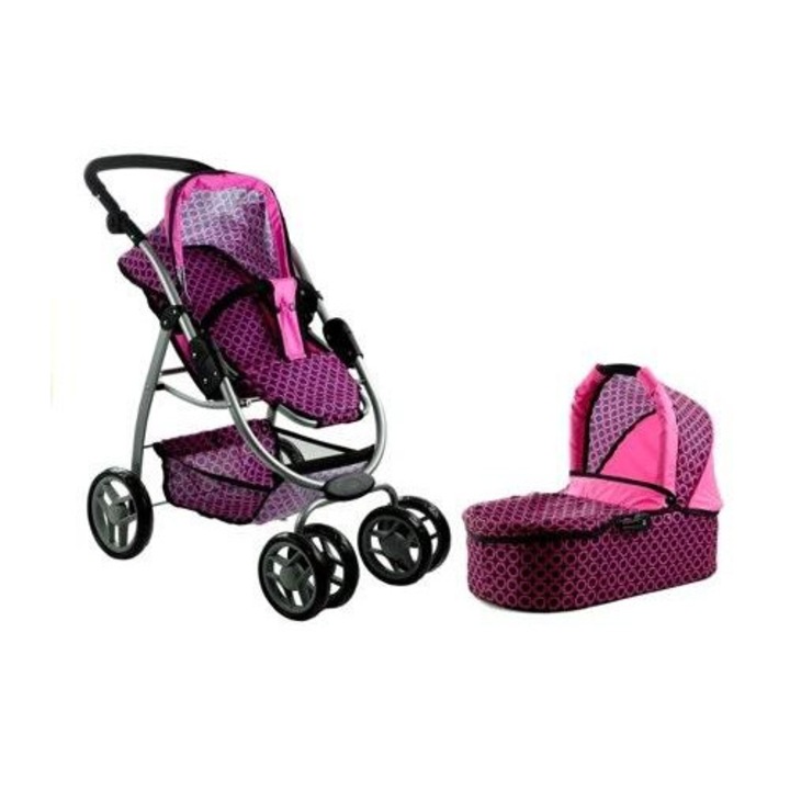 Carucior pentru papusi Alice 2 in 1, roz-negru, dimensiuni 83x45x70cm, cu roti rotative, set complet