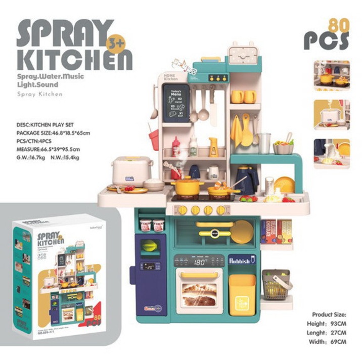 Bucatarie copii, set 80 piese, functie lumini si sunete, albastra