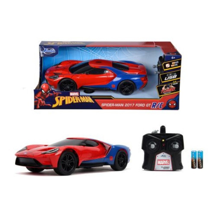 Masinuta RC Spiderman 2017 Ford GT 1:16, design rosu-albastru, Turbo Boost, set complet cu controler si cablu USB