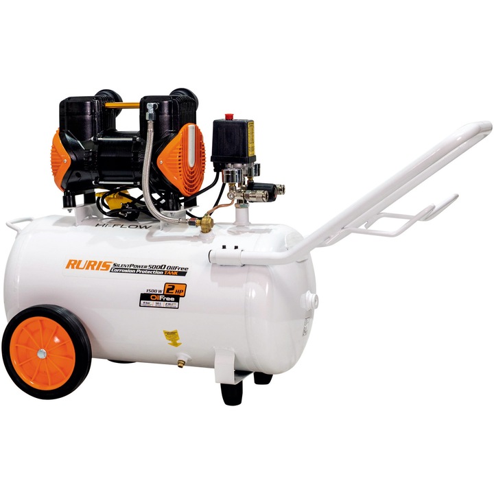Compresor Ruris Silent Power 5000OilFree, 1500W/ 2CP, 50 L, 236 l/min, 8 bar, 2 cilindri