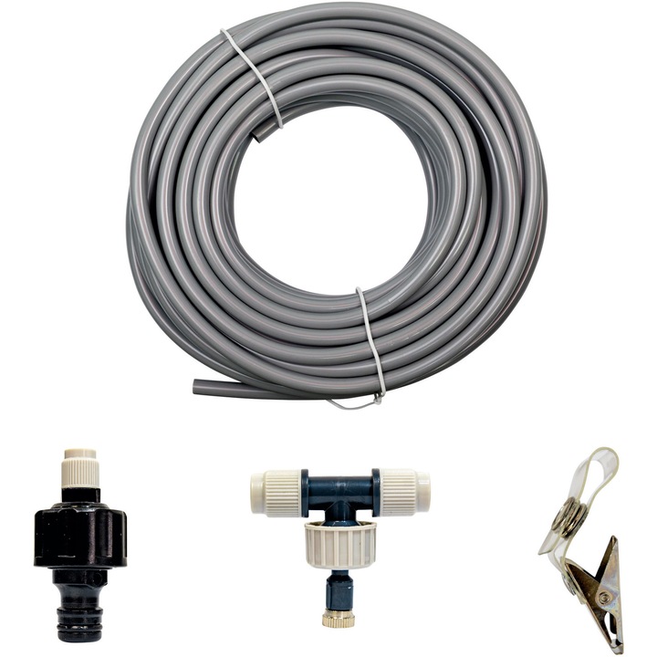 Kit/Sistem pulverizator pentru terase RURIS 5815, debit 9 - 19 l/min, 8 duze pivotante, presiune 2 - 4 bar, include: 8 duze stropire + 8 cleme de suspendare + 8 cleme pentru teava + 1 adaptor