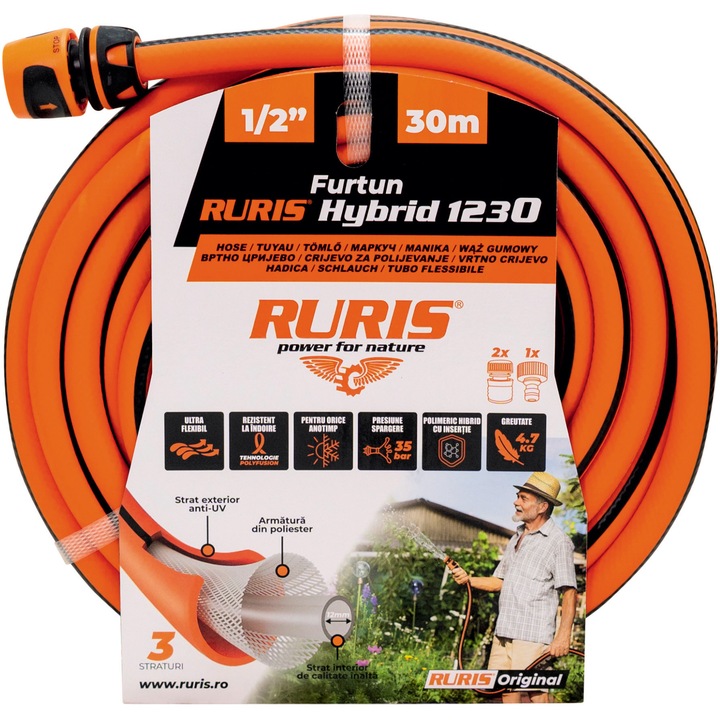 RURIS Hybrid1230 kerti tömlő, 30m hosszú, 1/2 átmérőjű, 35 bar maximális üzemi nyomás, 3 rétegű poliészter erősítéssel, Hibrid polimer anyagból szövetbetéttel