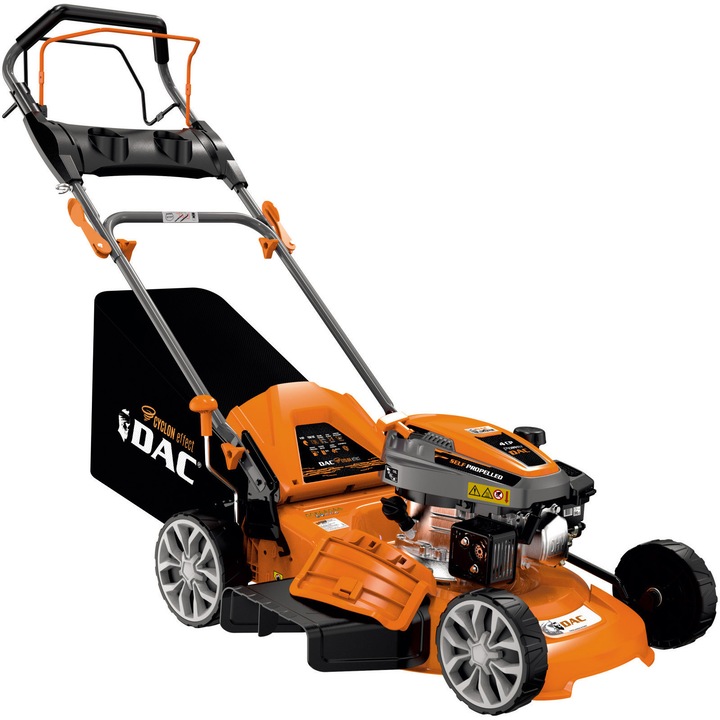 Masina de tuns gazon/iarba autopropulsata pe benzina Ruris DAC 120xr, putere 4 CP, 150 CC, 4 timpi, latime lucru 46 cm, inaltime taiere 25 - 75 mm, 8 trepte de taiere, sac colector 55 l