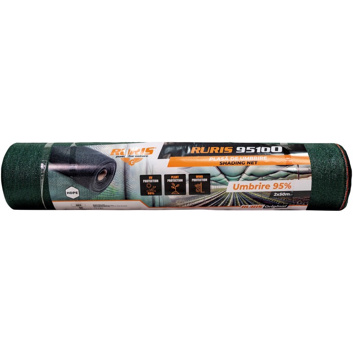 Plasa de umbrire verde RURIS 95100, latime 2 m, lungime 50 m, grad umbrire 95%, densitate 120 g/mp