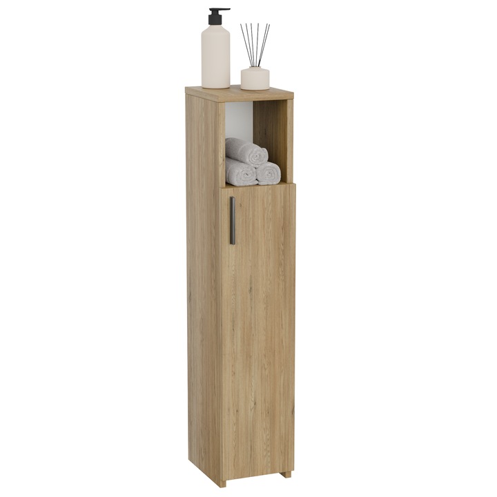 Dulap Inalt pentru Baie, ComfortCove, Dulap Baie Ingust 102x20 cm, Stejar, cu Rafturi si Usa, stalp inalt, coloana inalta, Ideal pentru Spatii Mici