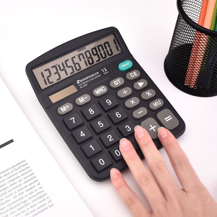 Calculator de birou cu butoane mari, alimentare dubla (solar si baterie), afisaj mare - perfect pentru birouri, profesori si studenti (negru)