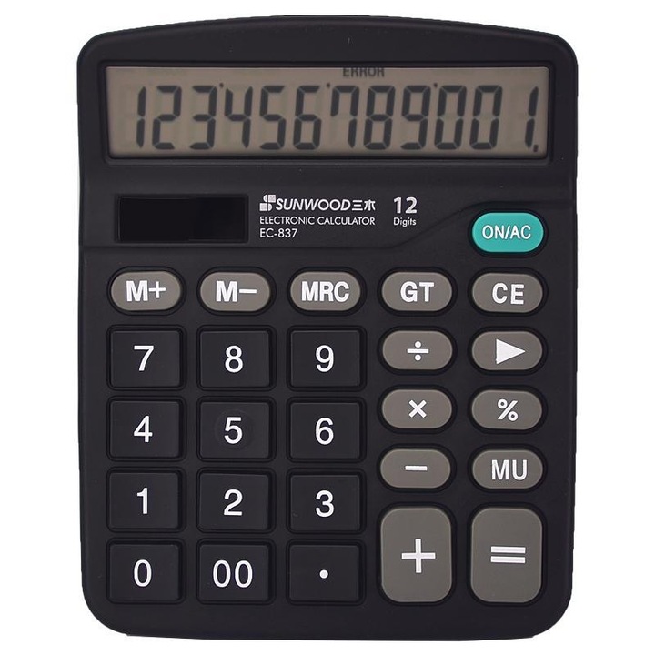 Asztali számológép nagy gombokkal, kettős tápellátással (napelemes és elemes), nagy kijelzővel - tökéletes irodákba, tanároknak és diákoknak (fekete)