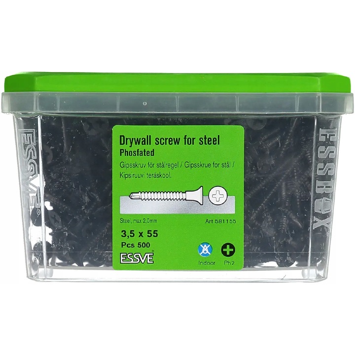 Suruburi pentru placi gips-carton, 3,5x55mm, 500 bucati, pentru montaj pe structura de otel, PH2, fosfatare, interior