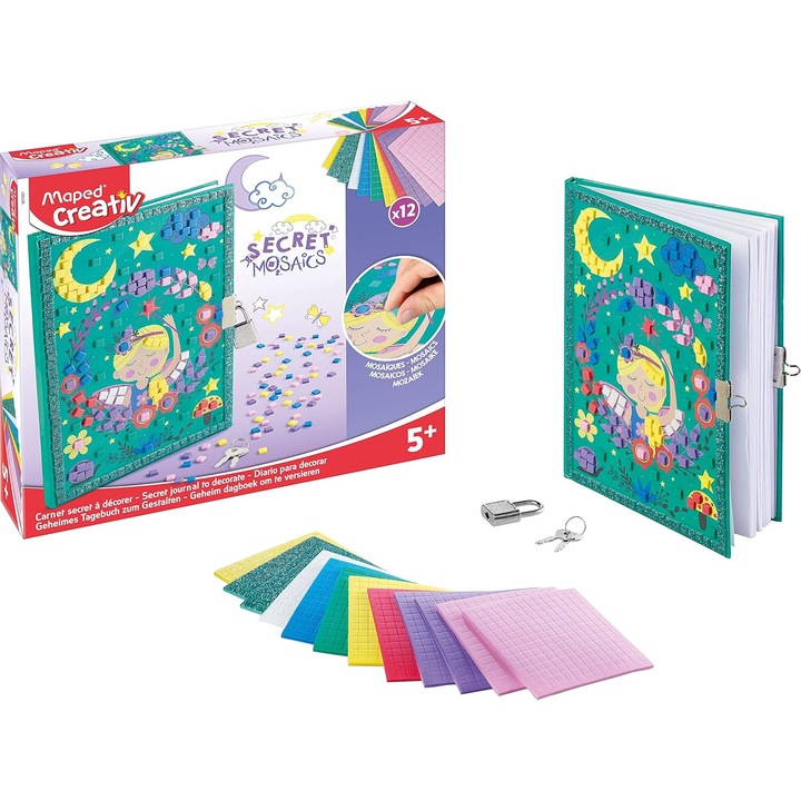Set Jurnal Creativ Mosaics, Maped, transparent, lacat cu 2 chei, 12 coli autocolante