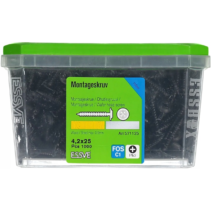 Suruburi montaj, ESSVE, 4,2x25mm, 1000 bucati, pentru lemn si otel, cu cap PH2